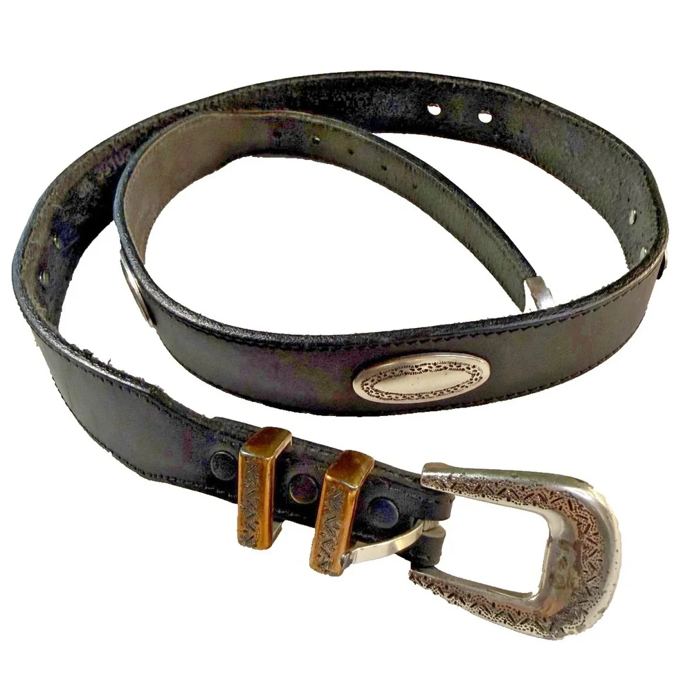 Vintage Brighton Belt Womens L Black Leather Silver Concho Western Studded